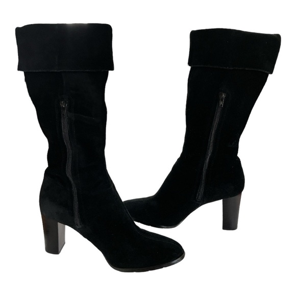 APOSTROPHE Black Suede Knee High Heel Zip Up Fold Over Cuff Style boots 3.5” - Picture 2 of 15
